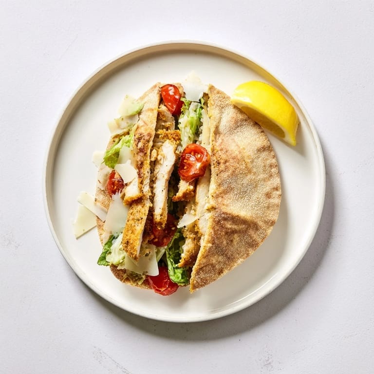Homemade crispy chicken Caesar pita served on a plate, showcasing fresh ingredients for a satisfying weeknight dinner.