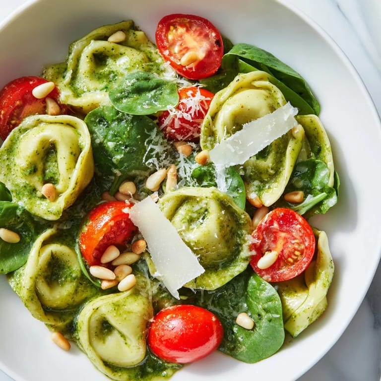 Overhead view of Pesto Tortellini Salad with toasted pine nuts and grated Parmesan, ready for a summer picnic.