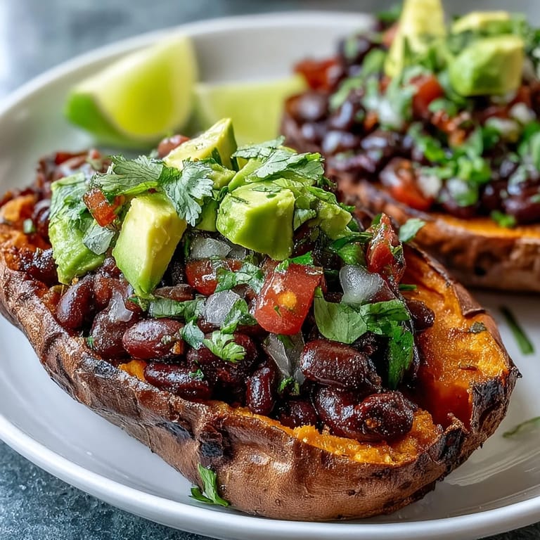 Flavorful roasted sweet potatoes loaded with seasoned chipotle black beans and bright, chunky salsa.
