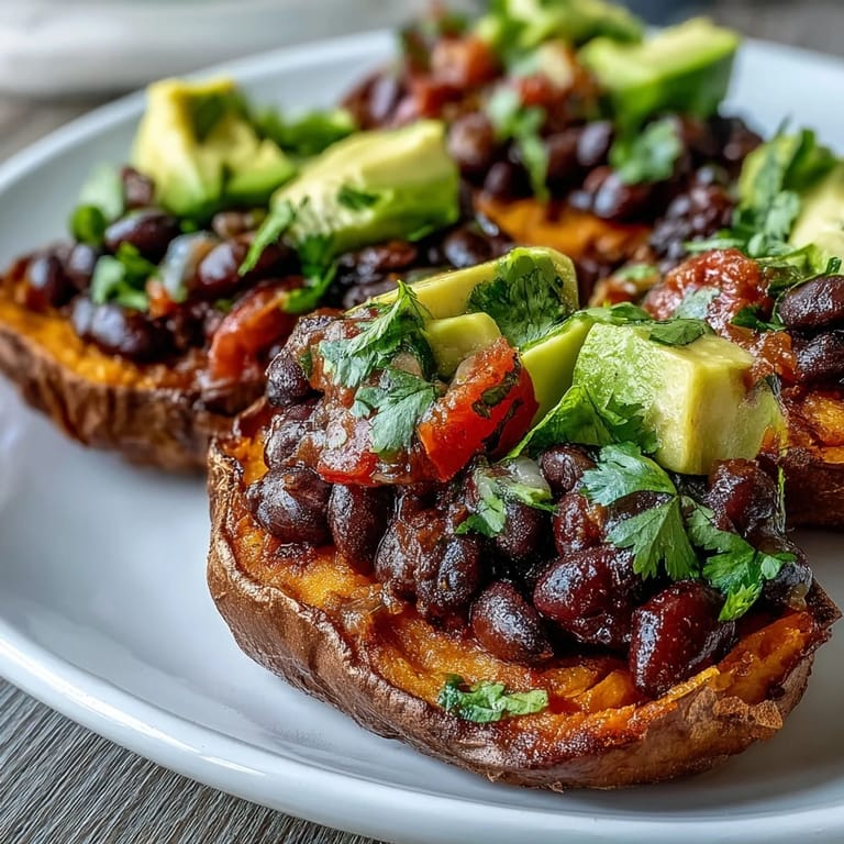 Colorful roasted sweet potatoes dish, crowned with chipotle black beans and fresh tomato salsa.