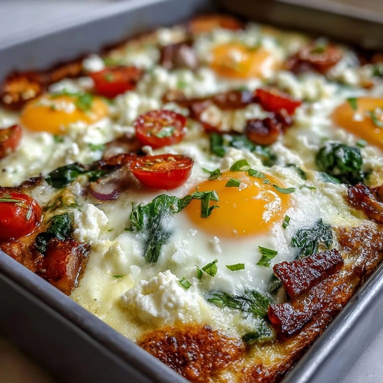 A golden, wholesome High-Protein Sheet Pan Eggs dish, bursting with spinach and peppers.