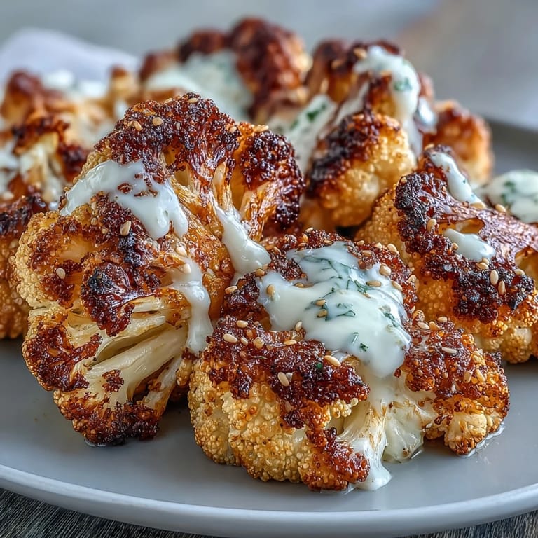 A top-down view of Roasted Cauliflower With Lemon Lentil Cumin Tahini Yogurt, featuring a creamy white drizzle, toasted sesame seeds, and fresh cilantro garnish.