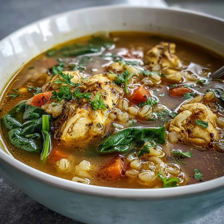 Soothing chicken and barley soup, vibrant with turmeric and fresh herbs.