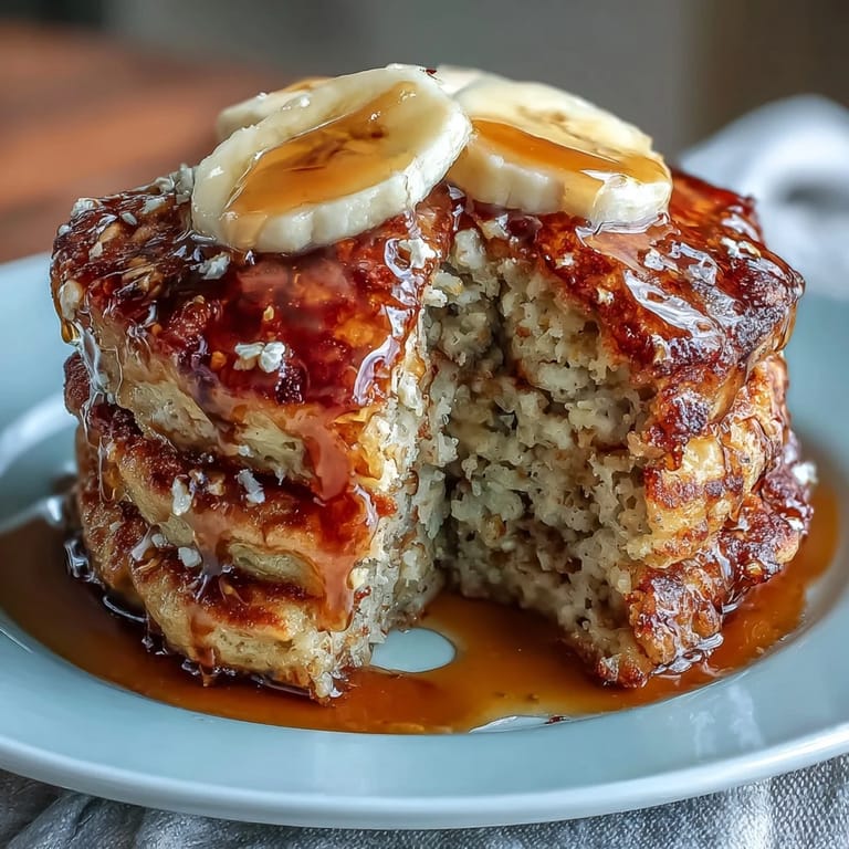 Close-up of tender banana oat pancakes drizzled with maple syrup.