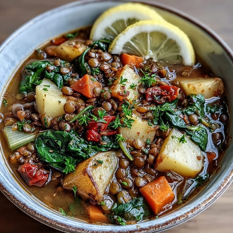 Colorful Vegetarian Lentil Stew served in a white ceramic dish, garnished with fresh kale and a side of crusty bread.