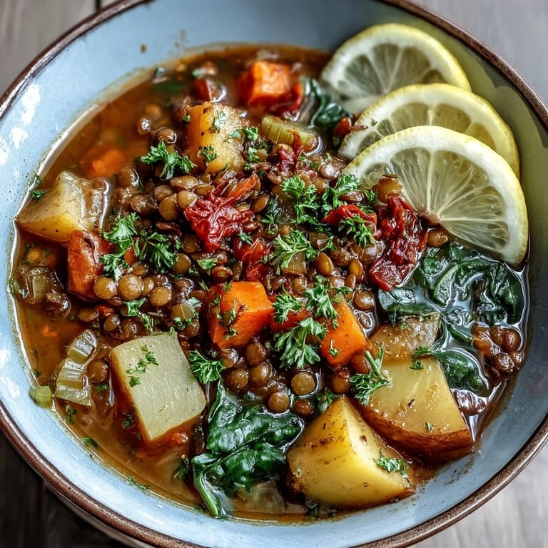 A rich pot of Vegetarian Lentil Stew simmers with diced carrots and potatoes in a savory tomato broth.