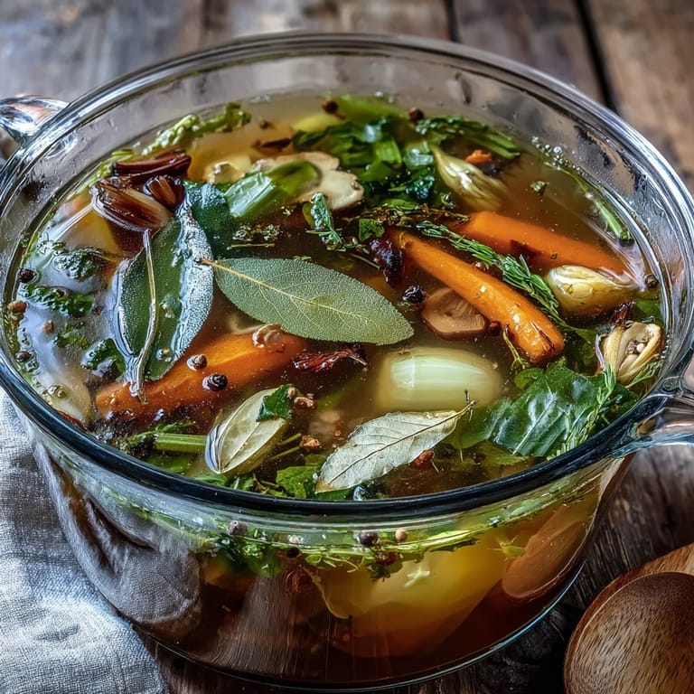 Steaming pot of Vegetable Broth From Scraps with vibrant vegetable trimmings and herbs, ready to strain for a rich, low-sodium stock.