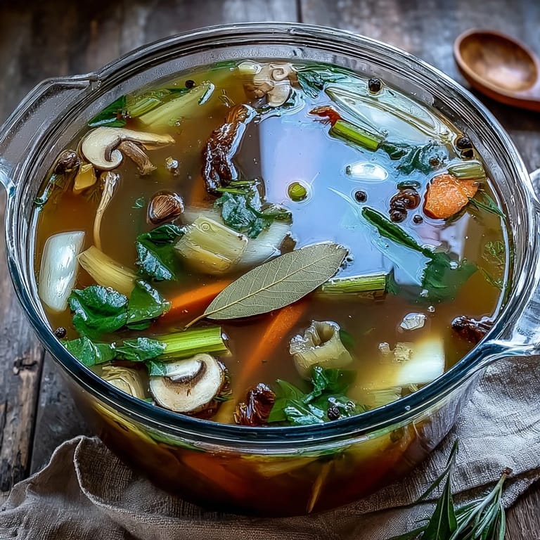 Clear glass jar of golden Vegetable Broth From Scraps next to fresh vegetable scraps, perfect for vegan soups or sipping warm.
