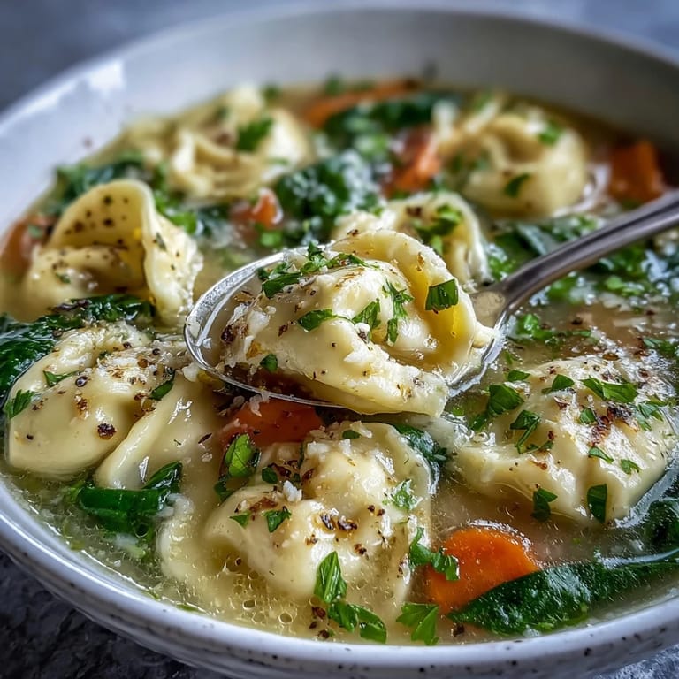 Easy Tortellini Soup With Chicken Broth in a rustic pot with baby spinach and carrots visible, ready to serve.