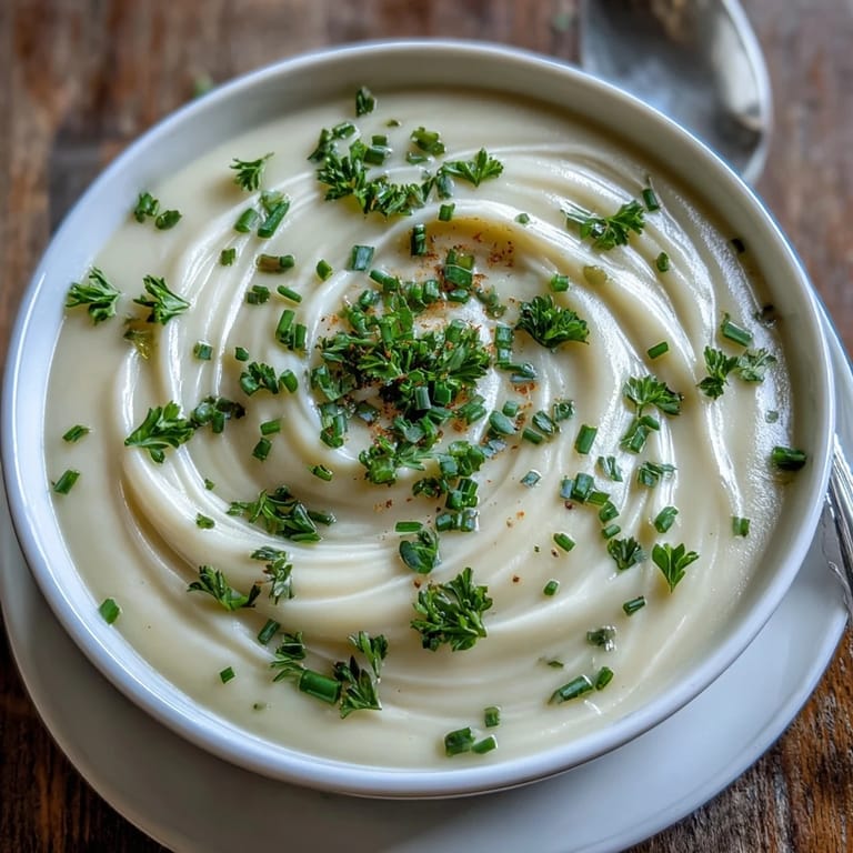 Smooth Creamy Celery Root Bisque is served warm in a rustic bowl, ready to be paired with crusty bread and wine.
