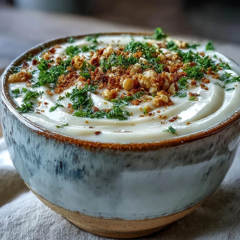 Sliced crusty bread rests beside a bowl of velvety Celeriac Soup, ready for a cozy vegetarian dinner.