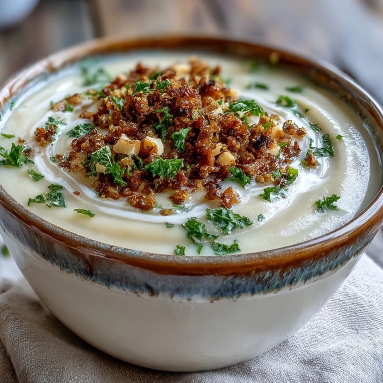 Roasted celeriac and hazelnut crumble garnish this smooth Celeriac Soup, offering a rustic and appetizing presentation.