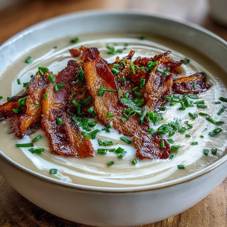 Smooth, pale Celeriac Soup with Crispy Bacon ladle-ready, garnished with fresh chives and a swirl of rich cream.