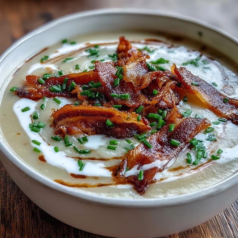 Velvety Celeriac Soup with Crispy Bacon alongside crusty bread on a linen napkin, perfect for cozy dinners.