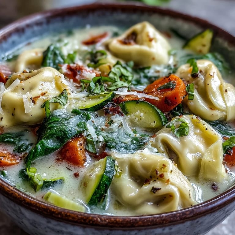 Spoon lifting cheesy tortellini from Creamy Vegetable Tortellini Soup, served with crusty artisan bread on the side.