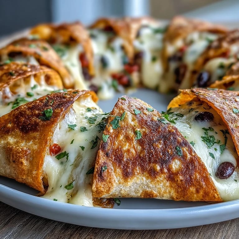 Close-up of Blooming Quesadilla Ring, crispy tortilla triangles filled with peppers and cheese for dipping.