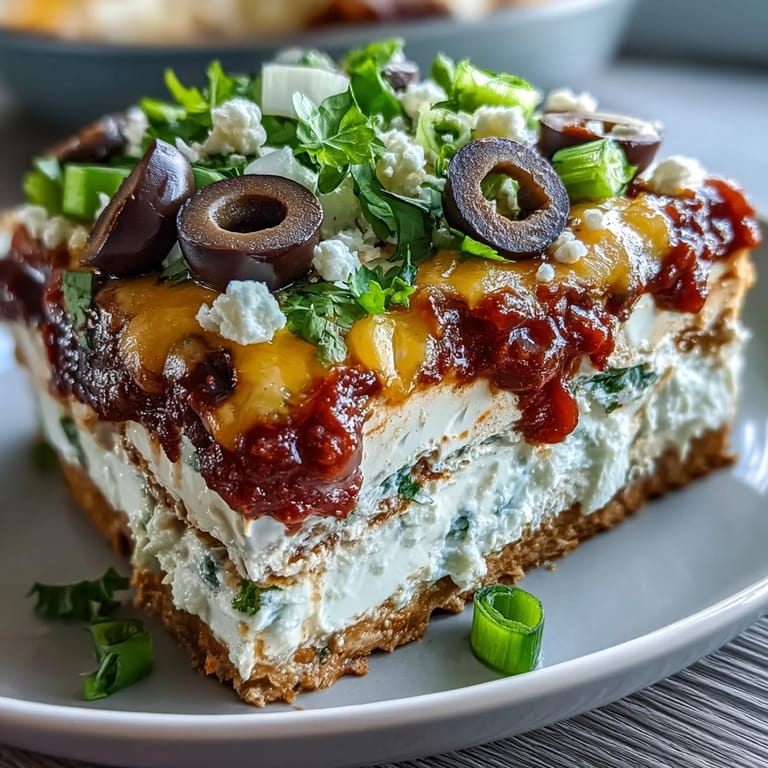 This colorful 4-Way Layered Dip features shredded cheddar, olives, and green onions ready for dipping with tortilla chips.