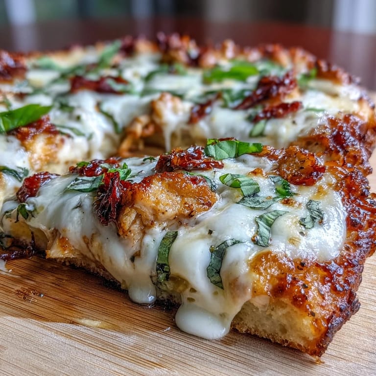 Marry Me Chicken Pizza slice showing savory chicken, sun-dried tomatoes, and rich Parmesan cream sauce on a golden crust.
