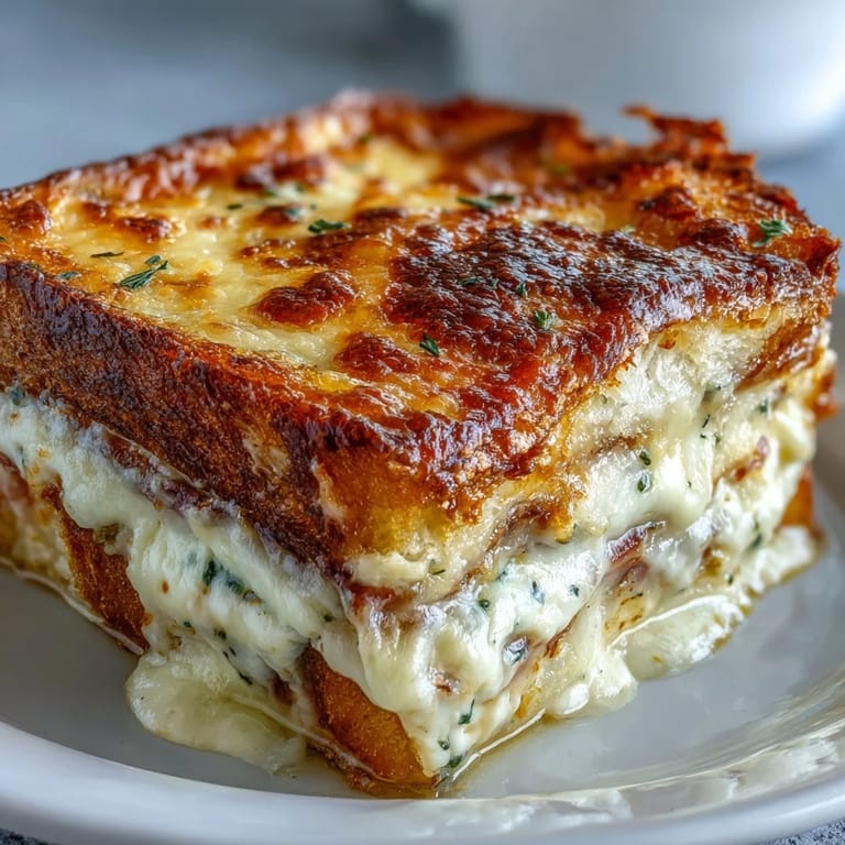 Golden-brown Croque Monsieur Casserole layers of buttery bread, ham, and rich cheese sauce.