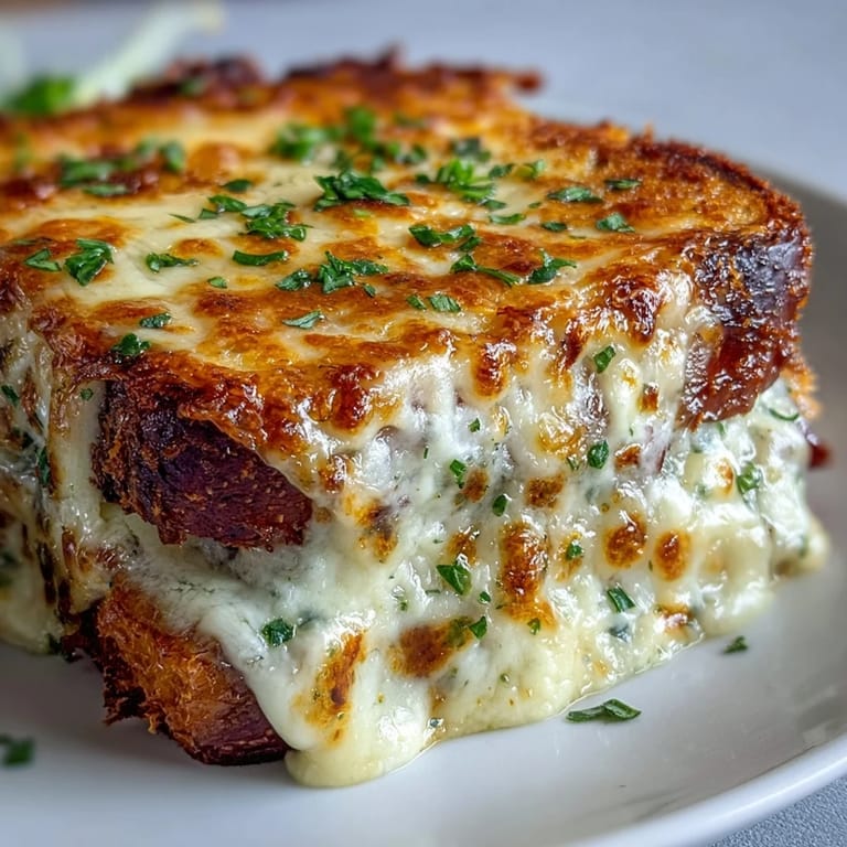 Comforting slice of Croque Monsieur Casserole showing a creamy béchamel and melted cheese pull.
