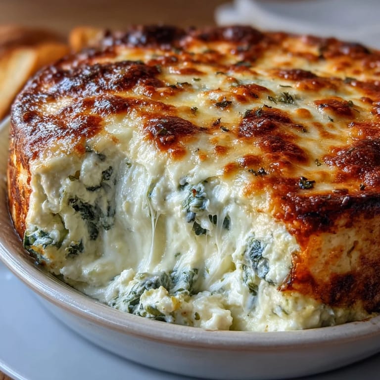 Golden brown spinach artichoke dip in a white baking dish, steam rising, surrounded by colorful vegetable sticks and toasted baguette slices for a party appetizer.