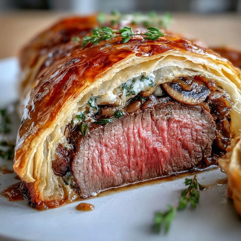 Crisp, golden Beef Wellington slices reveal juicy beef tenderloin and rich mushroom duxelles plated with a drizzle of red wine jus.
