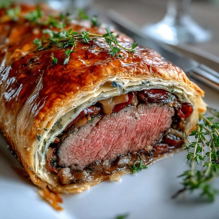 Tightly wrapped Beef Wellington rests after baking, revealing a glistening crust, ready to slice for a cozy dinner party.