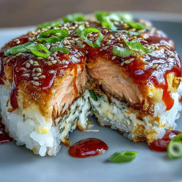 A close-up of Spicy Salmon Sushi Bake served on a seaweed cracker, showcasing layers of seasoned rice and flaky spicy salmon.
