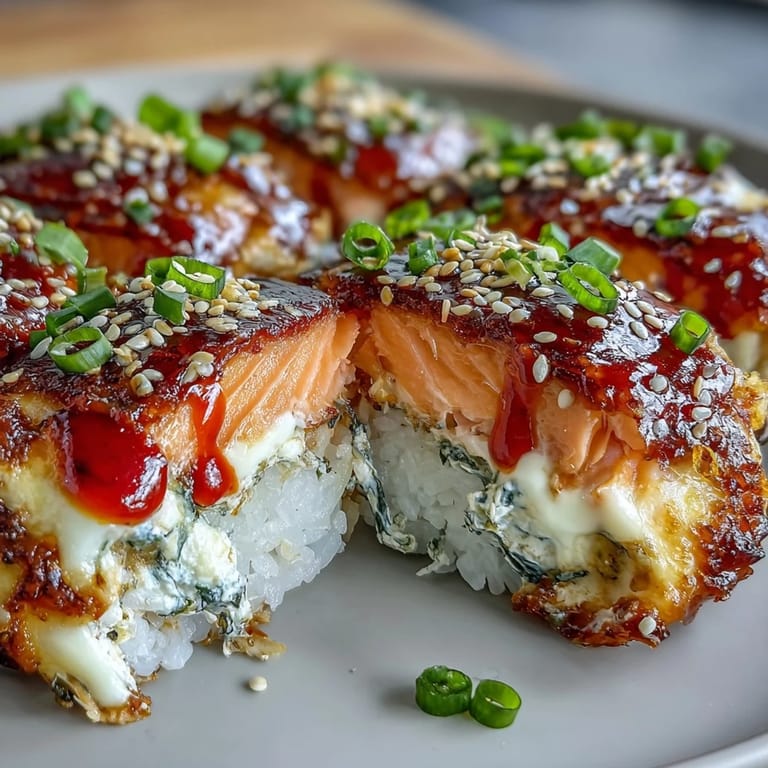 Ready-to-serve Spicy Salmon Sushi Bake garnished with sesame seeds and fresh green onions, paired with extra sriracha on the side.