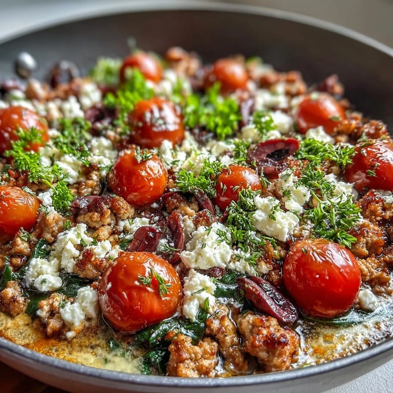 Golden ground chicken with Kalamata olives and cherry tomatoes in a skillet, garnished with parsley, ready to serve over zucchini noodles for a low-carb dinner.