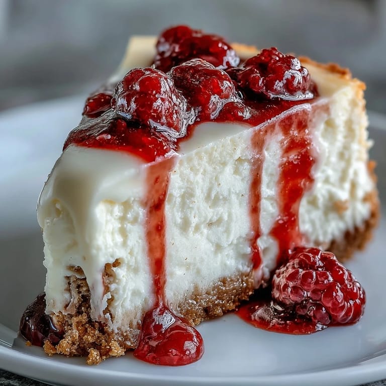 Fresh raspberries and a drizzle of tangy sauce top this White Chocolate Raspberry Cheesecake Bliss, highlighting the decadent white chocolate and smooth texture of this classic dessert.