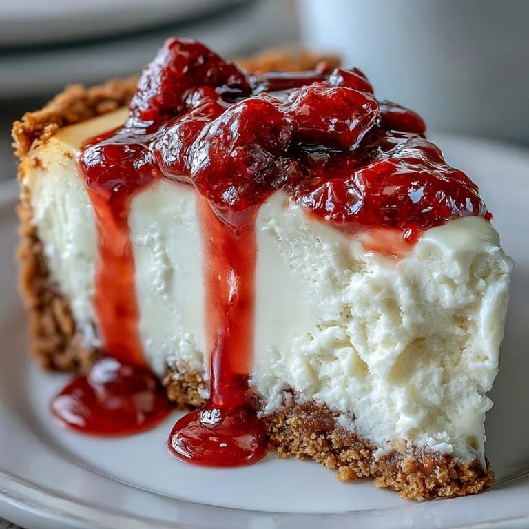 Indulgent White Chocolate Raspberry Cheesecake Bliss showcases a perfect balance of sweet white chocolate and tart raspberry sauce, ready to be sliced and served as a delightful dessert treat.