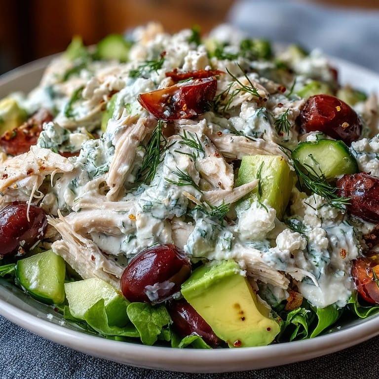 Plated Tzatziki Chicken Salad garnished with fresh dill and lemon wedges, arranged over mixed greens for a light Mediterranean-inspired lunch or dinner.