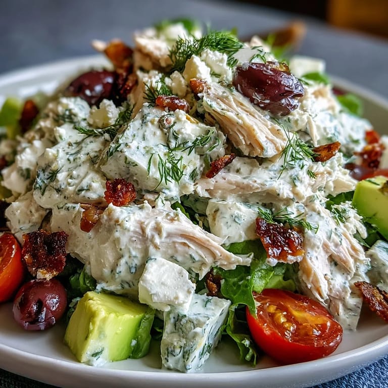 Close-up view of creamy Tzatziki Chicken Salad showcasing juicy rotisserie chicken, crisp diced cucumbers, and feta cheese crumbles ready to be served.