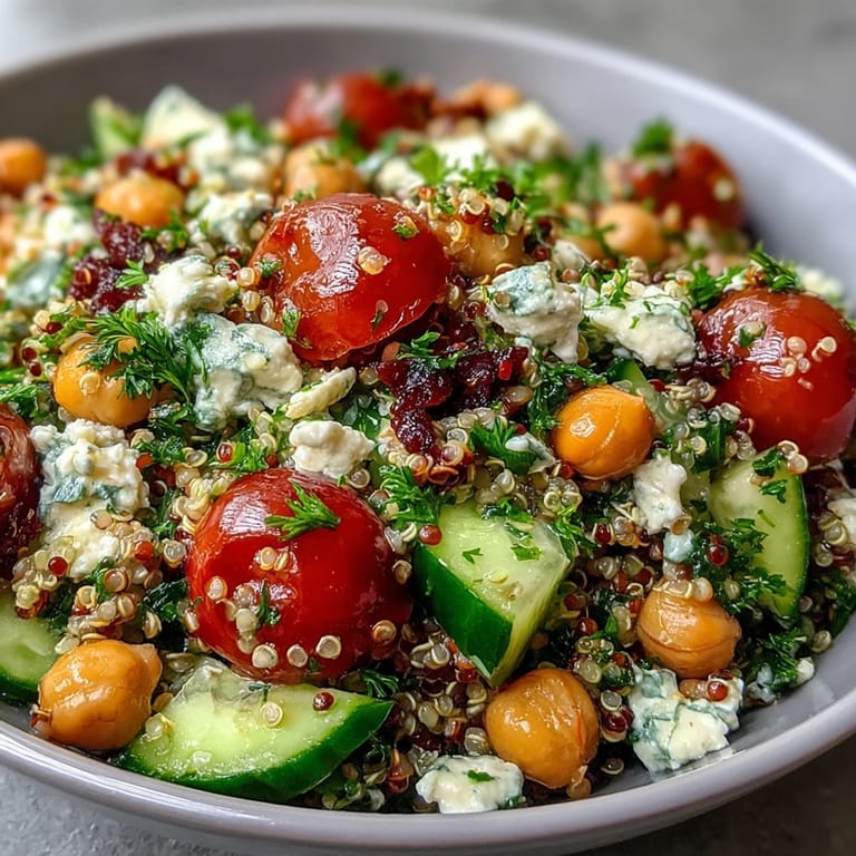 A bowl of High Protein Quinoa & Chickpea Salad featuring cherry tomatoes, crisp cucumber, and a light olive oil dressing.