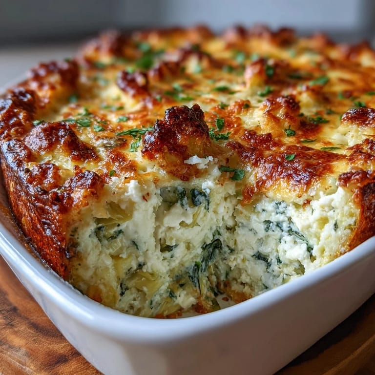 Cut slice reveals creamy High Protein Spinach Artichoke Bake with vibrant spinach and artichoke pieces.