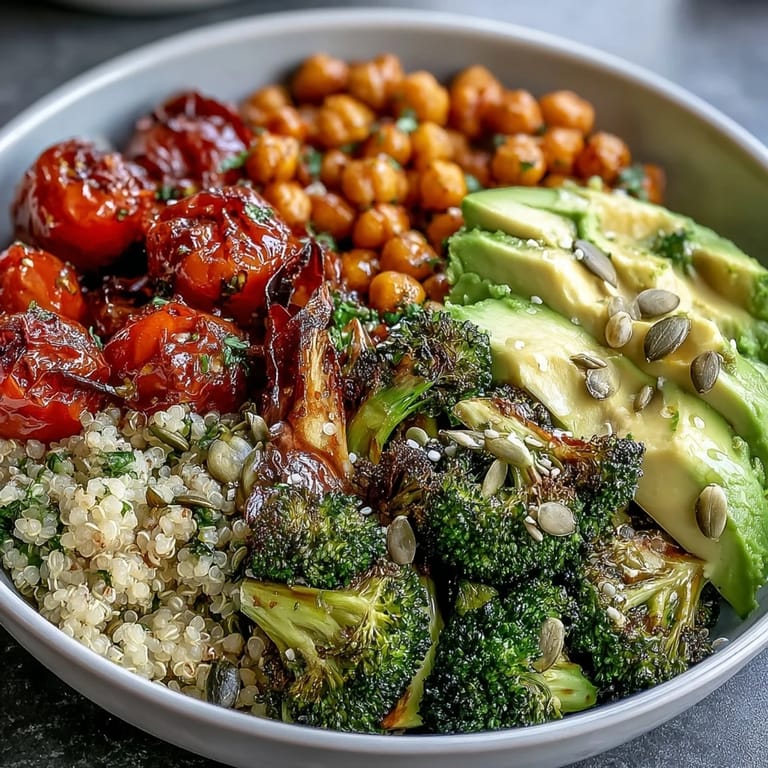 Hearty lentils and chickpeas add protein to a colorful, savory bowl of roasted veggies and grains.