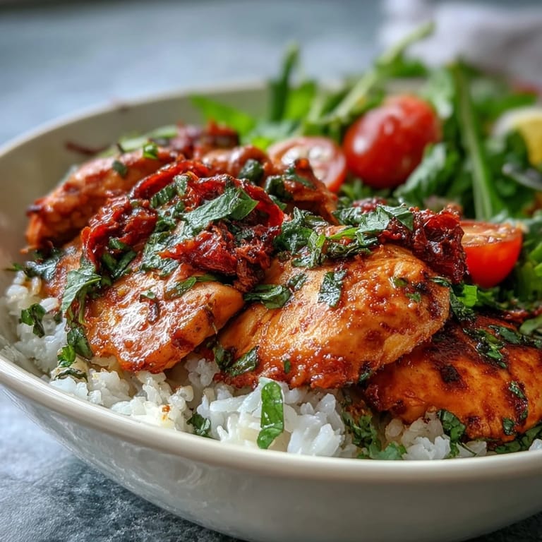 Plated Sun-Dried Tomato Chicken Bowl with vibrant greens and golden chicken, ready to serve for a wholesome meal.
