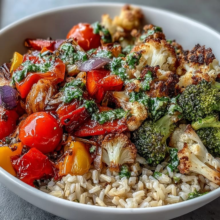 Close-up of the Rainbow Roasted Vegetable Bowl, showing caramelized edges on purple cauliflower, bell peppers, and zucchini over grains.