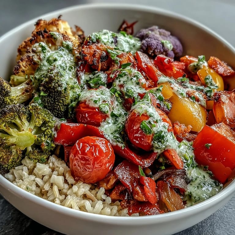 Top-down view of a nourishing Rainbow Roasted Vegetable Bowl, garnished with fresh parsley and drizzled with zesty lemon herb sauce.
