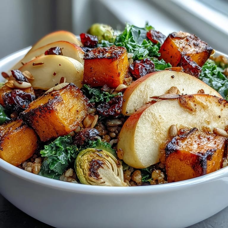 Warm fall vegetable bowl featuring farro grains, toasted pumpkin seeds, and a sprinkle of dried cranberries.