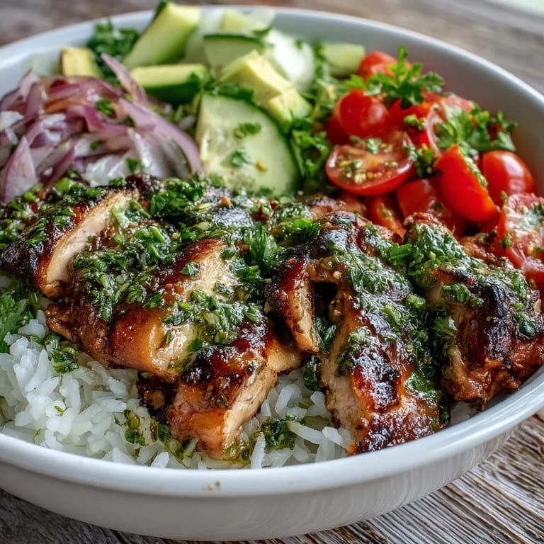 Juicy chimichurri-marinated chicken bowls feature fluffy rice, crisp vegetables, and a vibrant green herb sauce drizzled over the top.