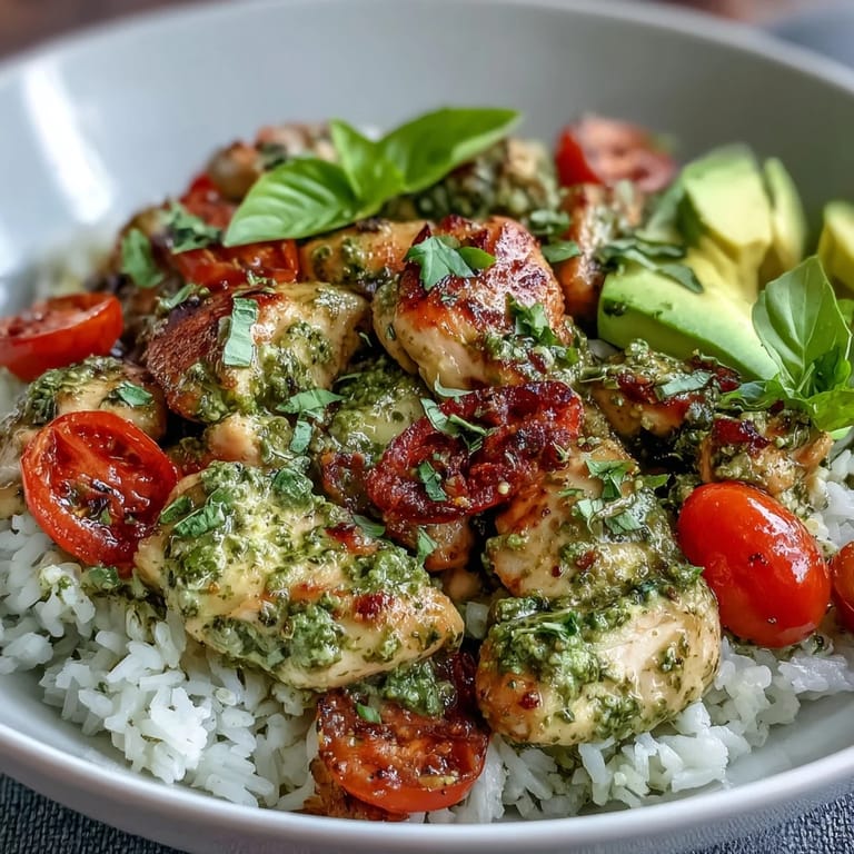 Colorful Pesto Chicken Bowl includes tender marinated chicken, fragrant rice, cherry tomatoes, cucumber, and fresh basil.