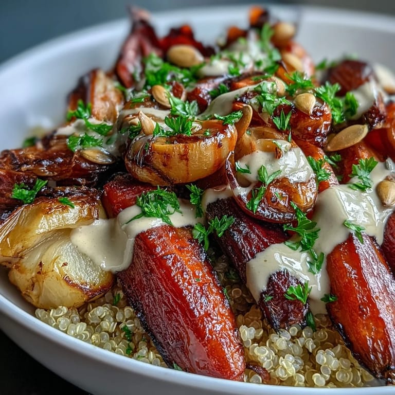 Colorful caramelized turnips and parsnips in a nourishing Roasted Root Vegetable Bowl, topped with a smooth lemon-tahini dressing.