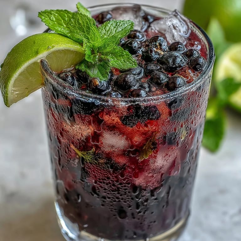 Refreshing Black Currant Mojito in a sturdy glass featuring a lime garnish, muddled mint, and vivid berry colors.