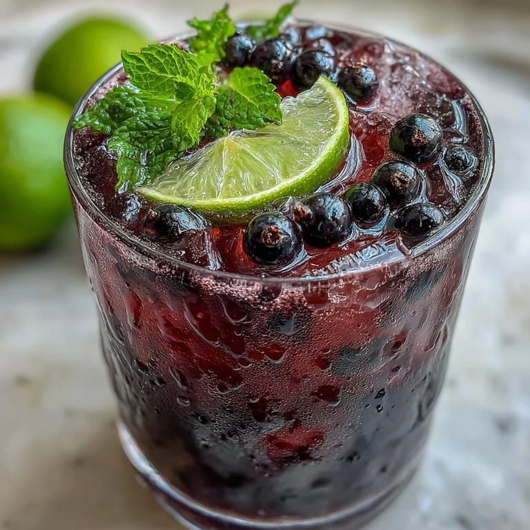 Vibrant purple Black Currant Mojito topped with soda bubbles, mint, and fresh black currants on a summer patio table.