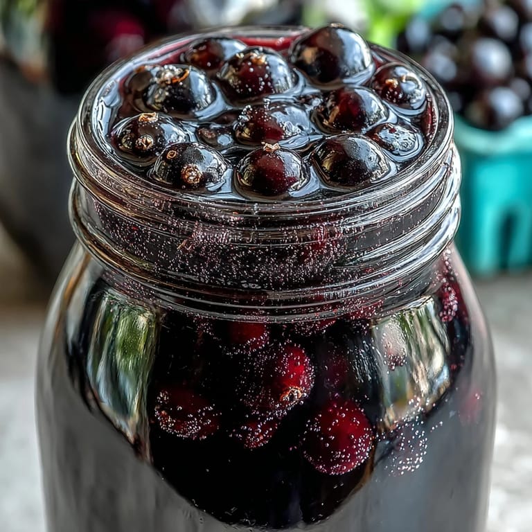 A sealed glass jar filled with Blackcurrant Vodka Liqueur ingredients, steeping with vodka, fresh currants, and sugar.