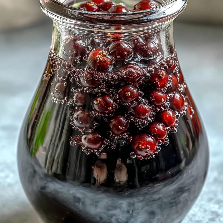Blackcurrant Vodka Liqueur poured into a cocktail glass, garnished with a lemon twist and fresh blackcurrants.