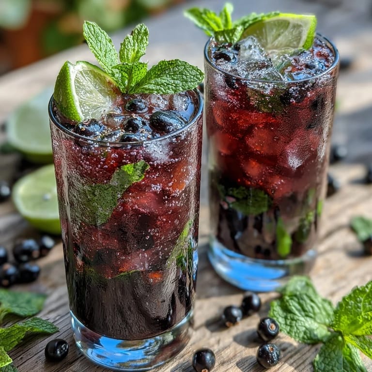 Summer cocktail party serving Tangy Blackcurrant Mojito in tall glasses, garnished with ripe blackcurrants and zesty lime.