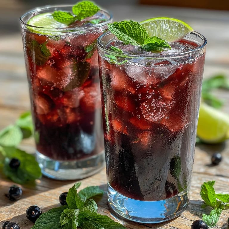 A homemade Tangy Blackcurrant Mojito showcases a vibrant purple syrup, fresh mint leaves, and fizzy soda water over ice.